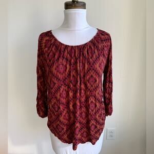 LUCKY BRAND RED SOUTHWESTERN PATTERNED 3/4 SLEEVE RELAXED BLOUSE SMALL